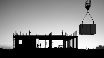 Poster - Silhouette of modular construction assembly, featuring prefabricated modules being lifted into place, highlighting the efficiency and modernity of this construction method.
