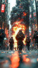 Wall Mural - Soldiers run through a city street as a massive fire erupts behind them.