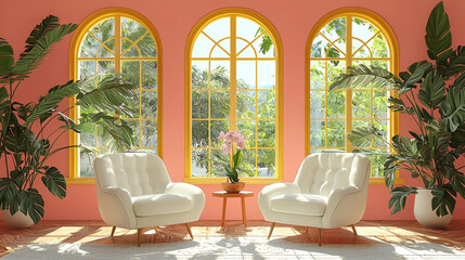 Canvas Print - Two white chairs in a room with large windows.