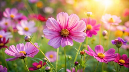 Vibrant cosmos flowers blooming in a sunny garden, cosmos, flowers, blooming, garden, vibrant, colors, nature, summer, outdoors