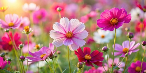 vibrant cosmos flowers blooming in a beautiful garden , cosmos, flowers, garden, vibrant, blooming, 