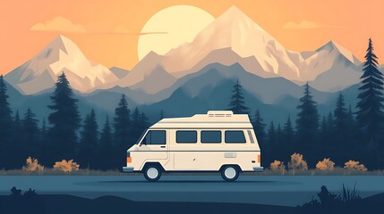 A White Camper Van Parked in Front of Mountains at Sunset