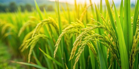 Wall Mural - Close-up of a lush green rice plant in a paddy field in India , Rice, paddy, plant, field, agriculture, crop, grain