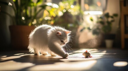 Poster - A fluffy white cat playfully reaches for a toy mouse in a sunlit room with plants.