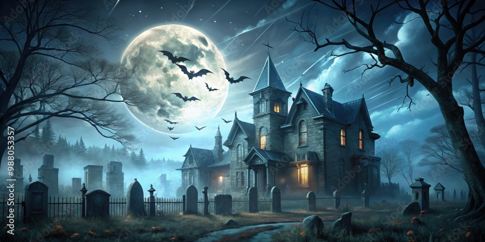 Spooky graveyard and gothic mansion at night with bats flying under a ...