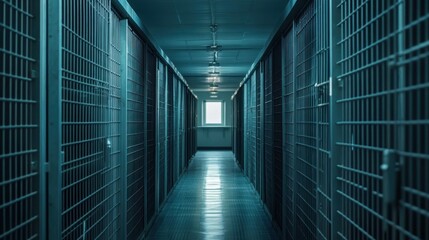 Poster - A dimly lit corridor in a prison with barred cells on either side.