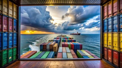 View from ship's bridge window of colorful shipping containers on deck