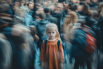 Wall Mural - a young kid standing in the center of a blurry, fast-moving crowd, feeling invisible and forgotten
