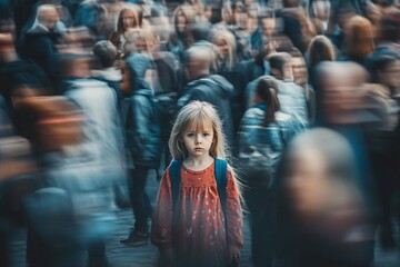 Wall Mural - a girl walking through a crowded city with motion blur around her, emphasizing her feeling lost and 
