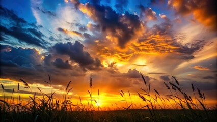 Wall Mural - silhouetted grass at sunset with dramatic cloudy sky , landscape, beautiful, meadow, wild, natural, 