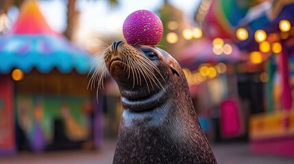 Poster - A seal balancing a colorful ball on its nose in a vibrant carnival setting.