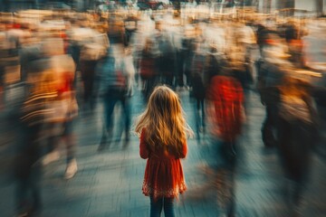 Wall Mural - a girl walking slowly as the crowd rushes past in motion blur, portraying her emotional disconnect f