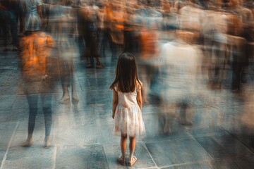 a girl standing at a sidewalk with blurry figures rushing around her, symbolizing confusion and unce
