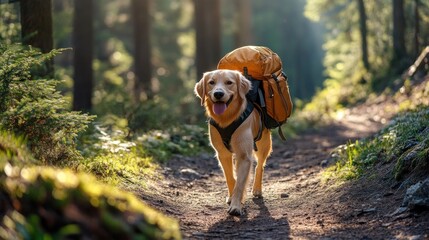 A happy dog hiking with a backpack on a sunlit forest trail.