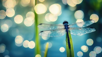 Poster - A dragonfly perched on a blade of grass, surrounded by shimmering bokeh lights.