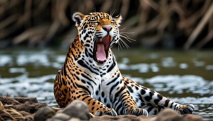 Wall Mural - Majestic Jaguar Yawning on Serene Riverbank