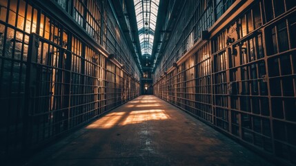 Poster - A dimly lit prison corridor with barred cells and shadows creating a somber atmosphere.