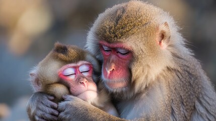 A tender moment between a mother monkey and her baby, showcasing affection in nature.