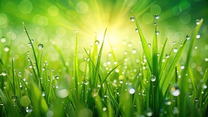 Vibrant green grass background with dew drops, nature, vibrant, fresh, field, growth, texture, meadow, spring, greenery