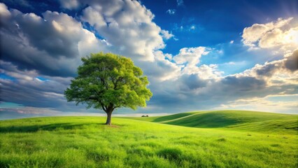 Landscape with a lone tree in a green grass field, forest on a hilltop, sunny cloudy day, Nature, scenery, outdoor, environment