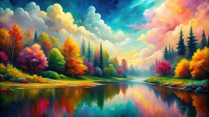 Wall Mural - Colorful abstract nature painting, bright, multicolored, picture, vibrant, abstract, background, paint, nature