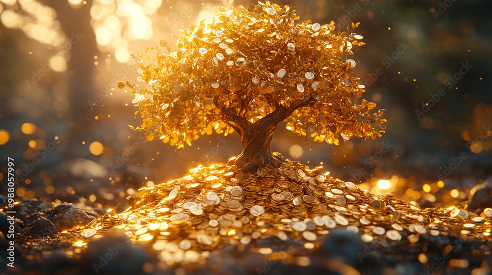 golden money tree with shimmering leaves symbolizes wealth, prosperity, and good fortune. Its vibrant foliage reflects growth and abundance, making it an inspiring focal point for financial success