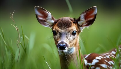 Intimate portrait of young Fallow deer amidst lush green grass in a serene field