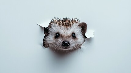 Wall Mural - A hedgehog peeking through a torn wall, showcasing its curious expression.