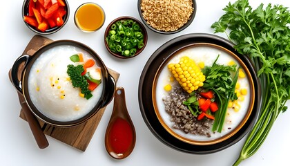 Delicious cornmeal porridge couscous with fresh vegetables beautifully presented on a white background