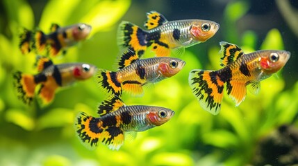 A vibrant group of colorful fish swimming among lush aquatic plants in an aquarium.