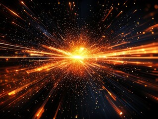 Fototapete - vibrant explosion of orange dots and particles radiates outward from the center, illuminating the dark surroundings with an intense energy that captivates the viewer's attention.