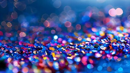 Wall Mural - Vivid blue surface sprinkled with glittering particles and bokeh lights.