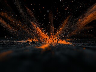 Fototapete - powerful burst of orange dots and particles erupts from the center, illuminating the dark background with a dynamic display of energy and color. The explosion captivates the viewer.