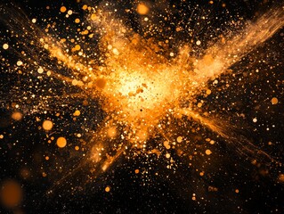 Fototapete - intense burst of orange particles erupts, forming a radiant sphere of energy while fragments scatter outward, creating a mesmerizing cosmic display in the darkness.