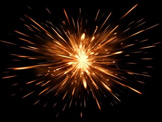 Fototapete - radiant sphere of fiery orange particles erupts, scattering vividly in all directions, creating an intense and dynamic display of cosmic energy on a stark black background.
