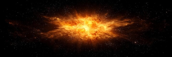 Poster - vibrant explosion of orange particles emits fiery energy, scattering and glowing dynamically, forming an awe-inspiring cosmic burst in the vast darkness of space.