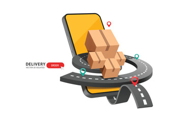 Canvas Print - A parcel or cardboard box is being delivered along road route to its destination according to an online order on customer's smartphone, vector 3d isolated for delivery and online shopping concept