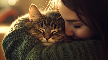 Sticker - A person cuddles a sleeping cat, showcasing warmth and affection in a cozy setting.