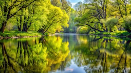 Reflection of trees in the water of a peaceful river in a spring landscape, spring, trees, reflection, water, river