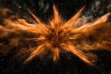 Poster - energetic burst radiates orange particles, scattering in all directions amid a black void, evoking a dynamic sense of power and chaotic beauty.
