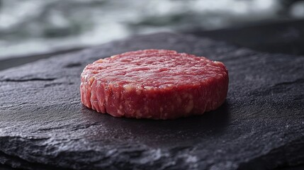 Fresh Raw Beef Patty on Slate Surface