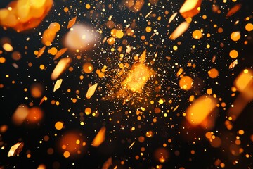 Fototapete - high-energy explosion unleashes a burst of orange particles, scattering glowing dust and fiery trails across the dark canvas, showcasing movement and vibrancy.