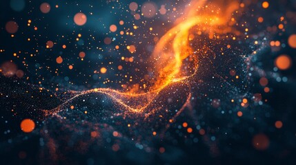 Fototapete - vibrant explosion of orange particles bursts from the center, radiating outward against a dark background, creating a captivating display of energy and motion.