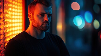 Canvas Print - A contemplative man stands against a brightly lit backdrop, showcasing urban nightlife.