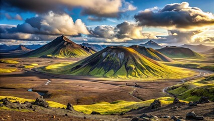 Majestic Icelandic mountain landscape near Fagradalsfjall volcano, sunlight illuminating peaks, Iceland, mountain