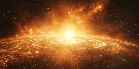 awe-inspiring explosion unfolds, with a glowing core at its center. Orange particles swirl outward, creating a radiant wave of fiery light and cosmic dust that captivates the darkness.