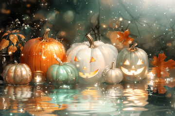 Wall Mural - Halloween party background, decorated with Jack-o-lantern, pumpkins, and fallen leaves, an ethereal and festive feel with bokeh effects