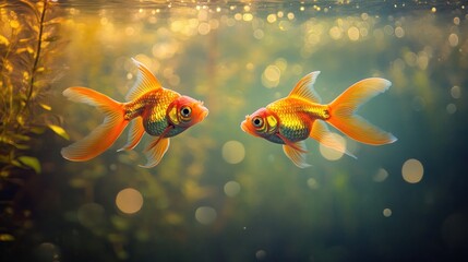 Wall Mural - Two vibrant goldfish swimming in a serene underwater scene with soft lighting.