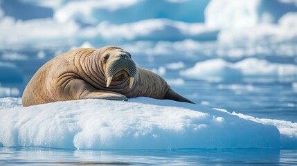 Sticker - A walrus resting on an ice floe in a serene Arctic environment.