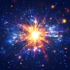 Fototapete - vibrant explosion of orange particles radiates outward from a dazzling core, creating a stunning display of energy dispersing across a dark, cosmic background, full of intensity.